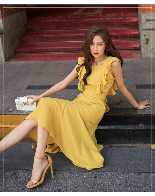 Đầm Vàng Vai Bèo Dáng Xòe kt (kèm ảnh thật)