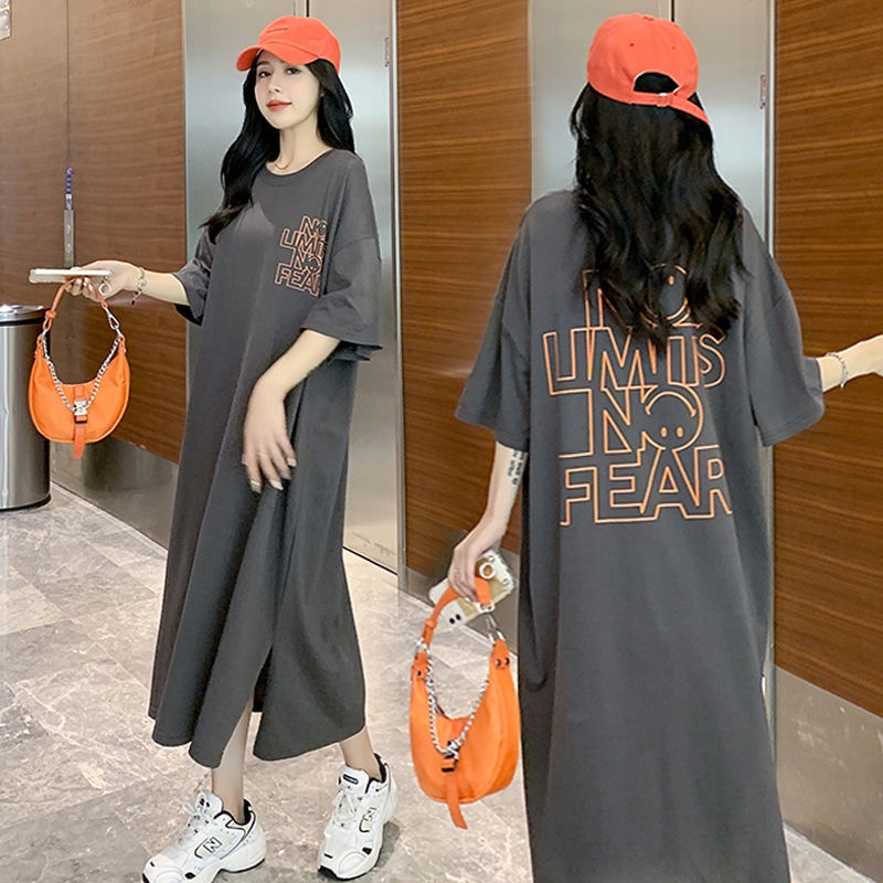 [LININ] Đầm Thun Dài Qua Gối Tay Ngắn Dáng Rộng Xẻ Tà Phong Cách Mới Cho Nữ