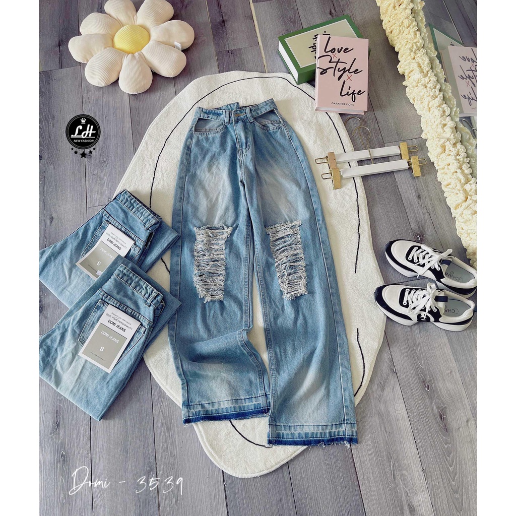 Quần jean nữ ống rộng, quần bò màu xanh loang rách khoét eo siêu cá tính Lê Huy Fashion MS 3539