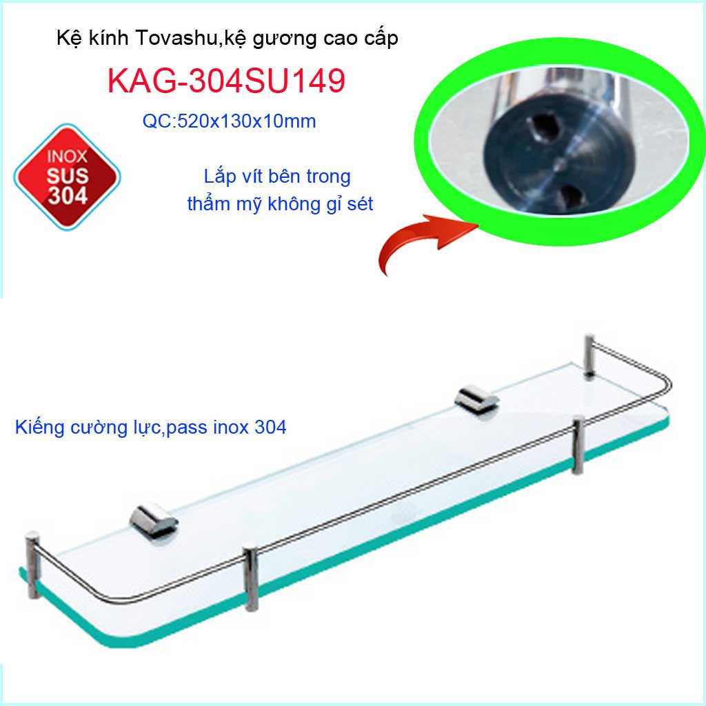 Kệ phòng Tovashu KAG-304SU149, kệ kính cường lực Inox SUS304 Nhật Bản cao cấp siêu bền