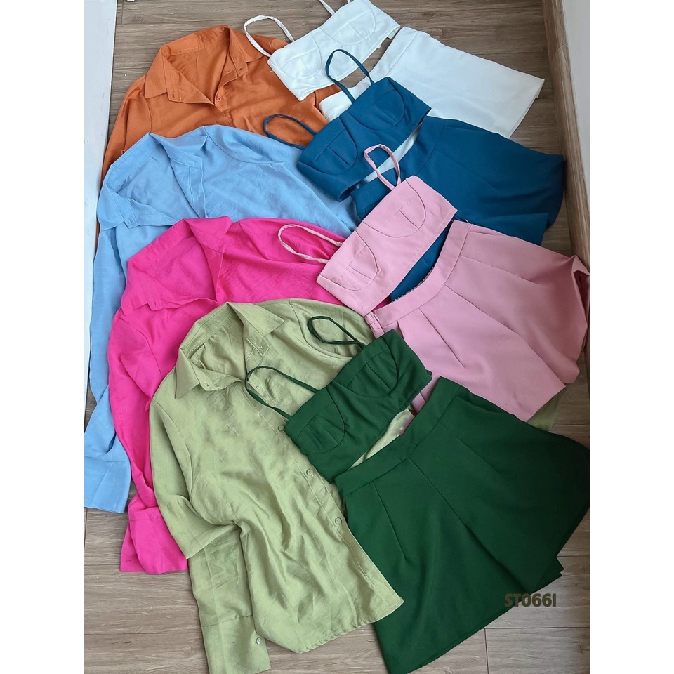 Set 3 Món Áo Sơ Mi Tơ Xước Và Quần Ngắn Kèm Áo Trong Có Mút Ngực Rose Fashion