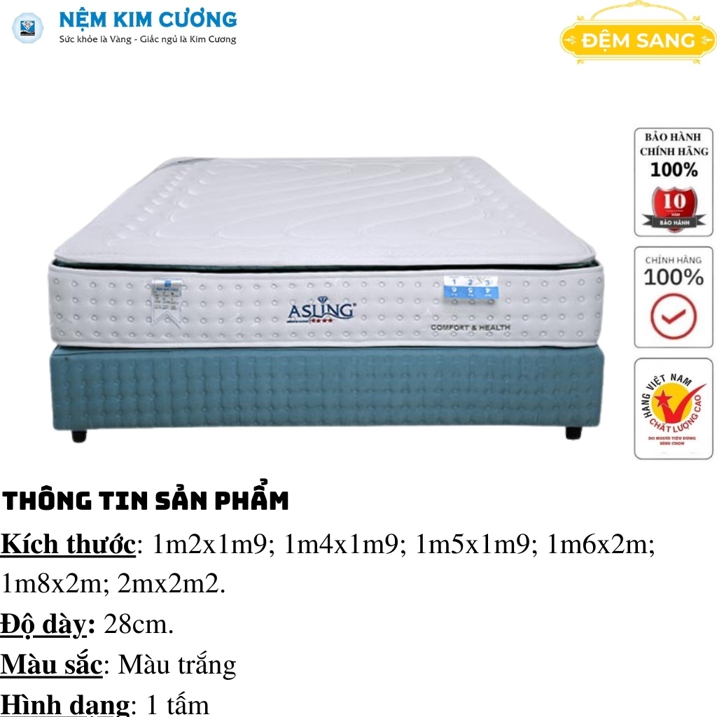 Nệm lò xo túi độc lập ASLING 4 sao chính hãng đệm KIM CƯƠNG cao cấp chuẩn khách sạn giá rẻ bảo hành 8 năm LX104