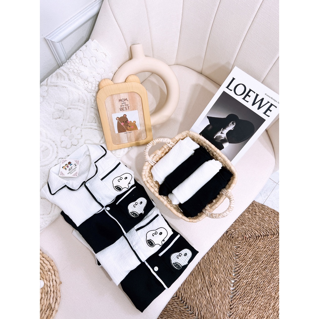 Pijama cho bé, bộ pijama đũi xốp chạy né họa tiết chú chó trên túi ngực cho bé trai bé gái