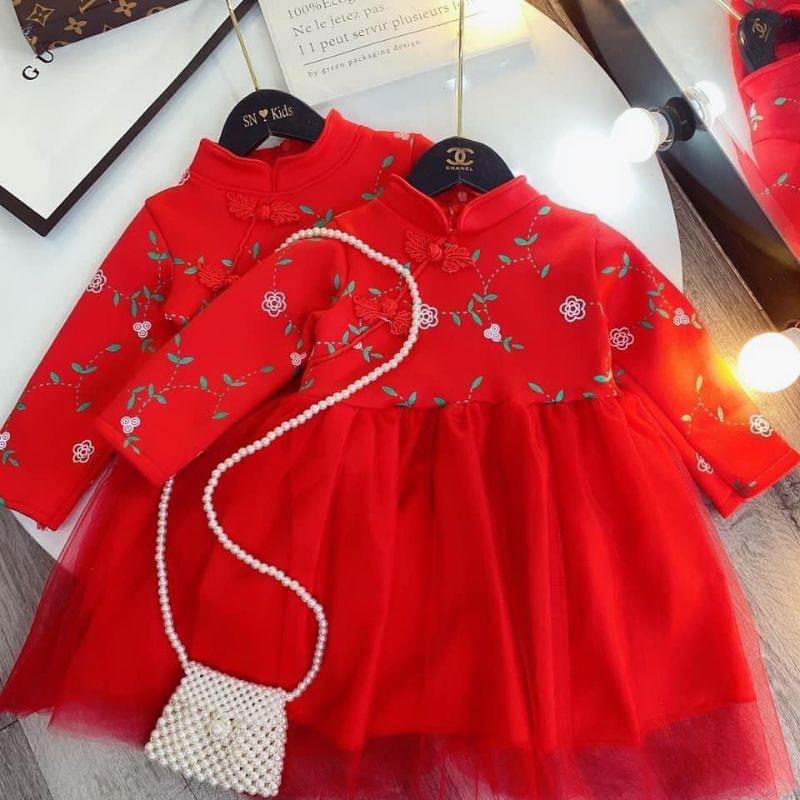 [Xả hàng] Áo dài cách tân mặc Tết cho bé gái, váy đỏ nỉ bông mặc Tết đám cưới sinh nhật cho bé, váy sườn xám