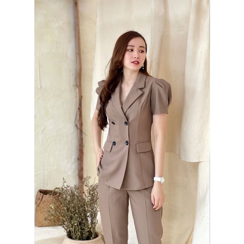 Đồ bộ Vest nữ công sở dài tay chất liệu khaki cao cấp EMVY S6
