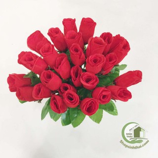 Cành hoa hồng giả - hoa vải lụa màu đỏ