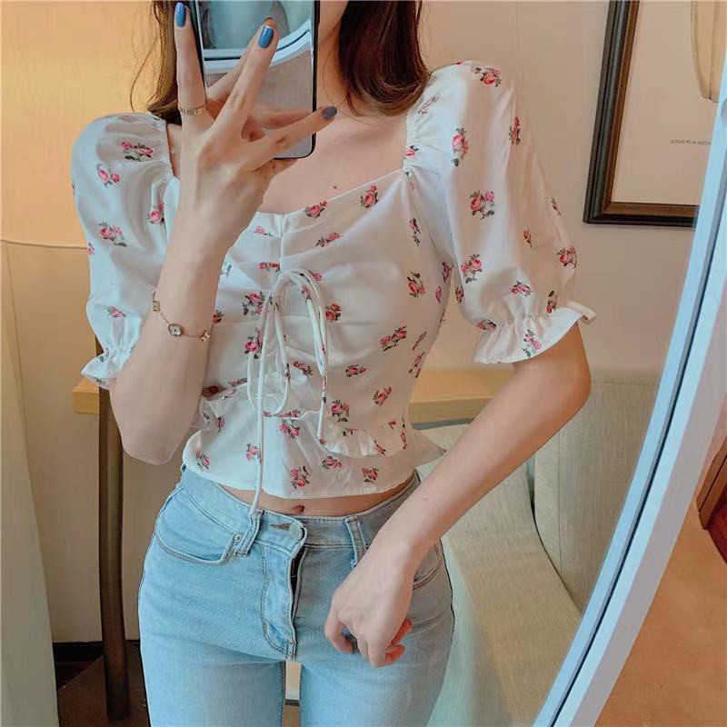 【Timi】Áo crop top  Mới Phong Cách Hàn Quốc Clavicle Tether Puff Tay