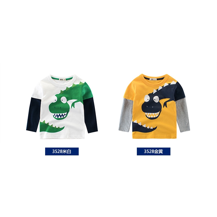 Áo Thun Cotton Tay Dài In Hình Khủng Long Hoạt Hình Giả 2 Món Cho Bé Trai Gái