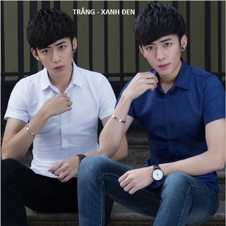 COMBO 2 áo sơ mi Nam ngắn tay cổ trơn màu xanh đen và trắng