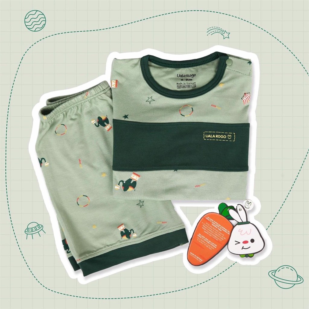 Bộ Uala Rogo cộc tay chất vải Bamboo cao cấp siêu mềm mịn thoáng mát thấm hút tốt viền họa tiết cho bé trai bé gái 2066