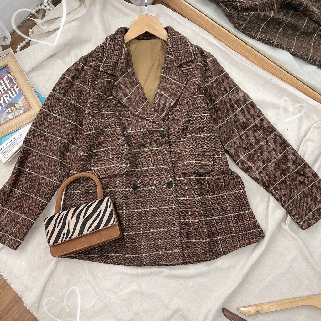 Áo blazer 2 lớp kẻ sọc nâu dài tay phong cách Hàn Quốc