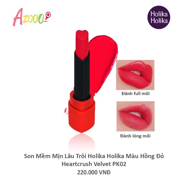 Son mềm mịn lâu trôi Holika Holika (màu cam đất, đỏ tươi, cam san hô, hồng đỏ) Heartcrush Lipstick Comfort Velvet