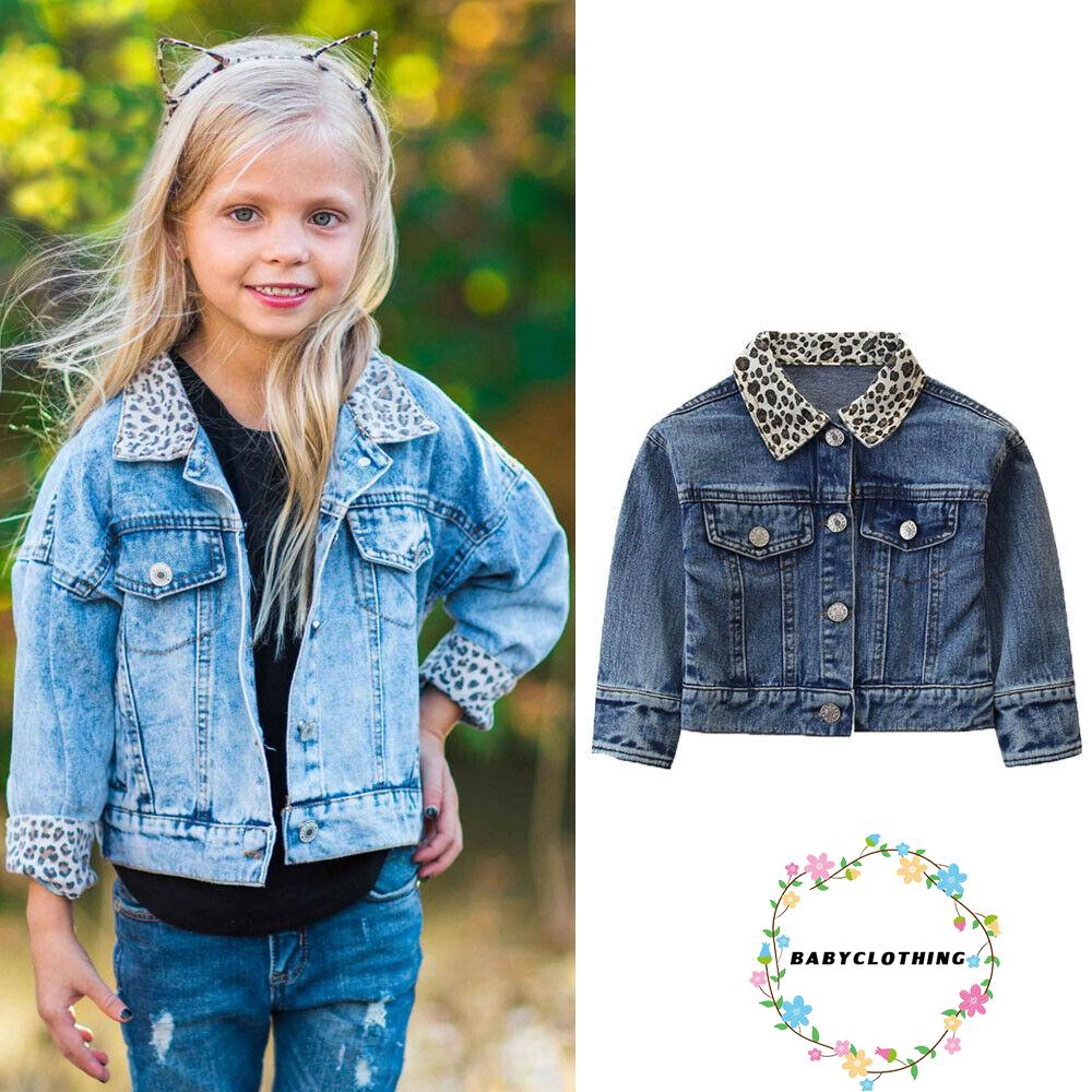 ღWSVღToddler Kids Girl Denim Blue Long Sleeve Slim Fit Jacket Leopard Turn-Down Collar Coat