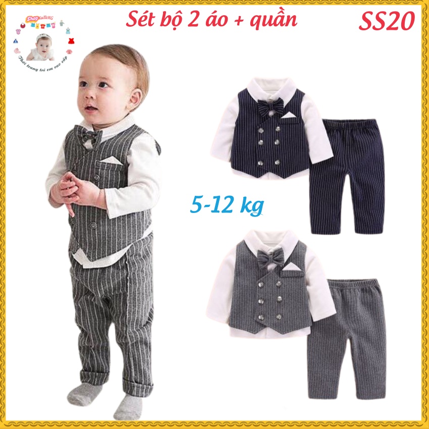 Sét bộ công tử vest 3 chi tiết kèm nơ họa tiết kẻ sọc dành cho bé trai 3-12M SS20