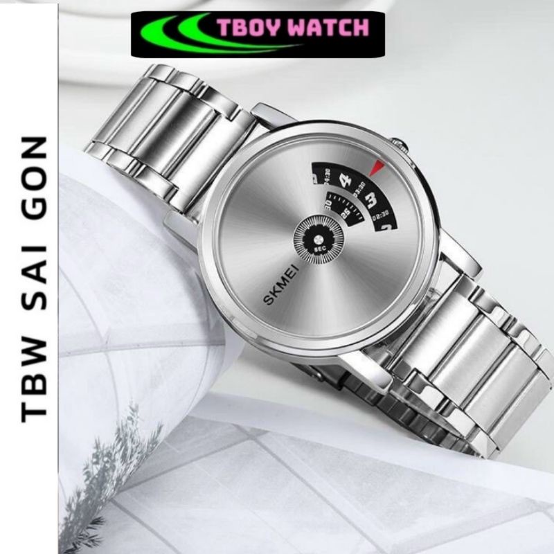 Đồng hồ nam màu trắng bạc Skmei F1300 chính hãng dây kim loại mặt số độc lạ