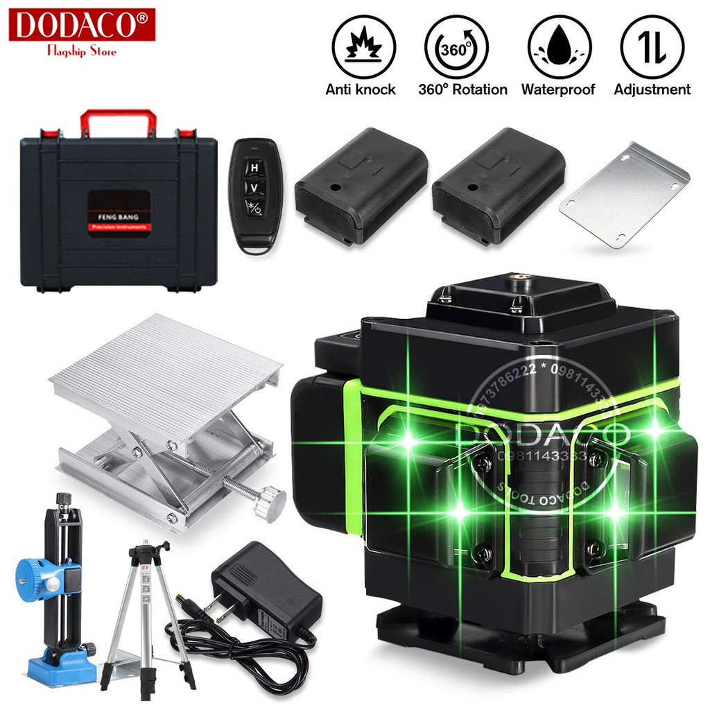 [Ảnh thật] Máy Máy cân bằng laser 12 tia xanh 2 pin to màn hình led điều khiển từ xa 3D 360 độ LIONKING QM laze lazer