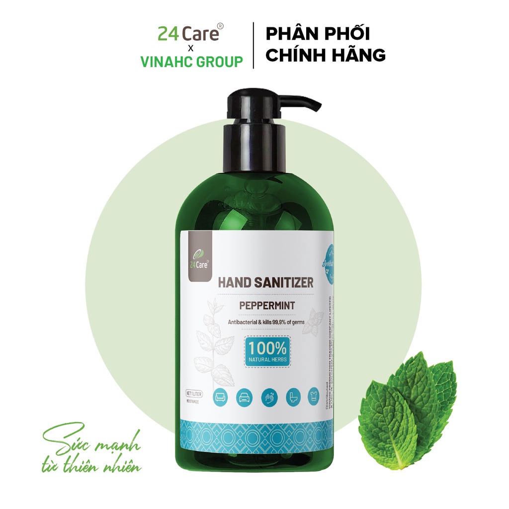 Nước rửa tay khô tinh dầu Bạc Hà 24Care 1L– không cần rửa lại với nước