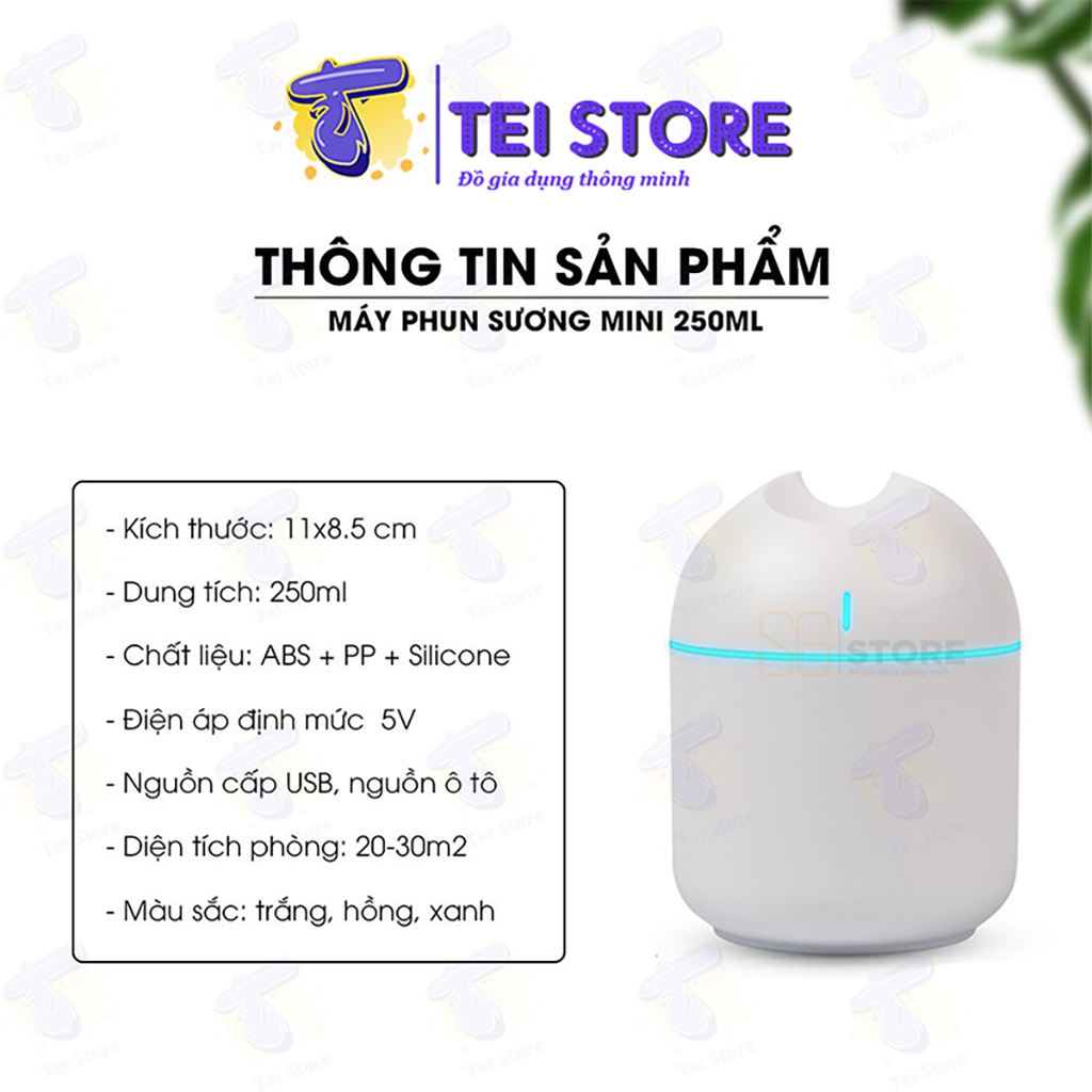 Máy Xông Tinh Dầu - Máy Phun sương mini 250ml - Khuếch Tán Tinh Dầu tạo ẩm Kèm 2 chế độ - Tei Store B5.