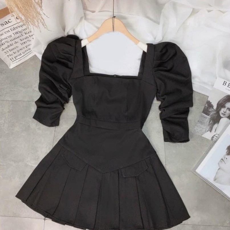 Váy Kaki Cổ Vuông Tay Bồng Cúp Ngực Chân  Xếp Ly | BigBuy360 - bigbuy360.vn