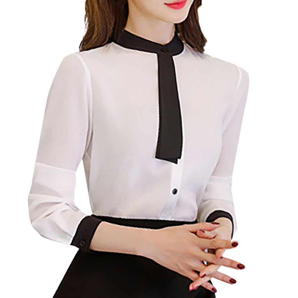 Women Work Office Slim Fit Long Sleeve Solid Chiffon Plus Shirt Top