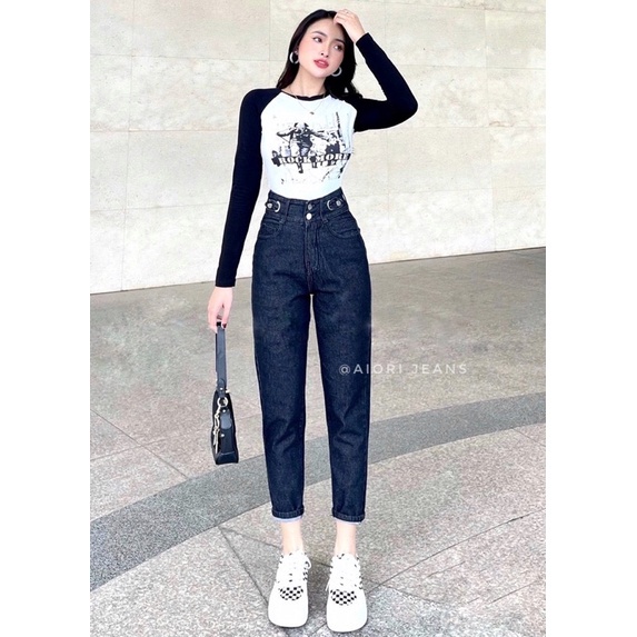 Quần Jean Nữ Aiori Lưng Cao 2 Nút Baggy Bò Trơn Cạp Cao Ulzzang Phong Cách Thời Trang, Vải Cotton Mềm Mịn_Mã B455