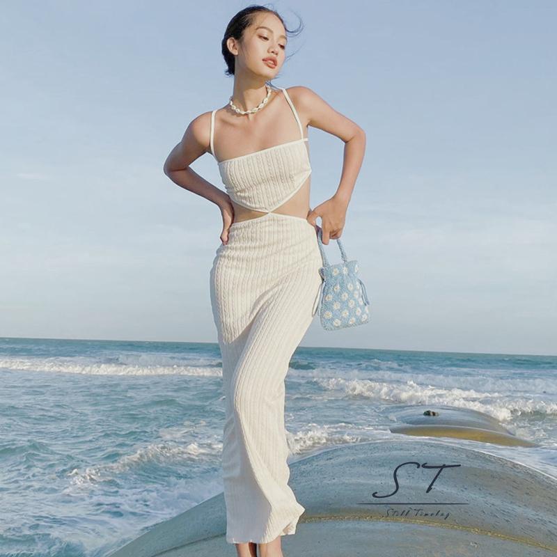 Đầm Dài Ôm Dáng Không Tay Hở Lưng Thiết Kế Dây Đan Chéo Màu Sắc Đơn Giản Cho Nữ CY03
