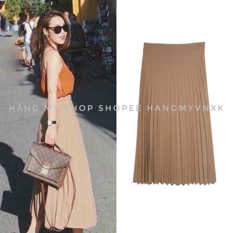 Chân Váy xếp li dáng dài chanh sả hàng xuất chất cực đẹp full tag mác túi giấy
