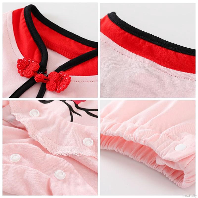 Bộ áo liền quần ngắn tay in hoa kiểu cổ điển cho bé gái sơ sinh