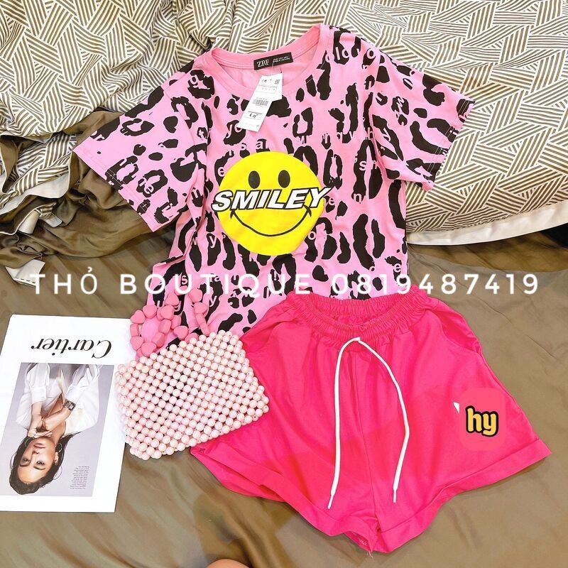 Set bộ ZARA xuất xịn thun cotton áo tay ngắn cổ tròn quần short lưng thun hồng cánh sen họa tiết da beo SMILEY