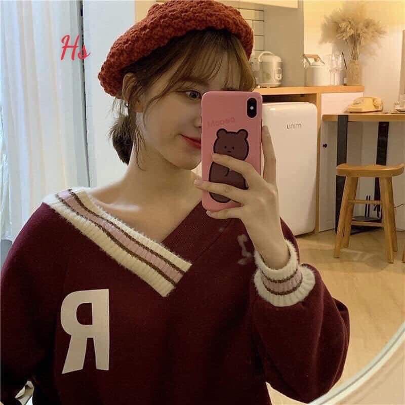 Áo Nỉ Nữ Dài Tay In Chữ Dáng Rộng 3 Màu Dưới 70kg - Cổ V Thun Phối Màu Chữ R G030 | BigBuy360 - bigbuy360.vn