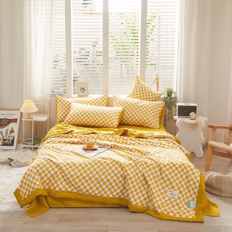 Bộ ga gối chăn trần đũi cotton mềm mịn,Bộ 4 món chăn trần vải đũi cotton thoáng mát