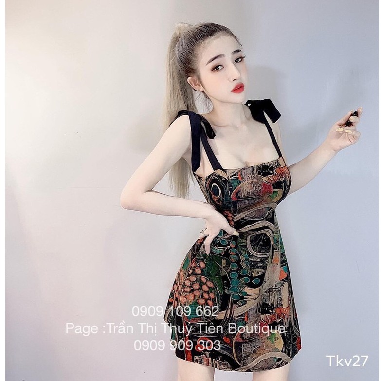 Đầm xòe họa tiết 2 dây cột nơ ( kèm mút )