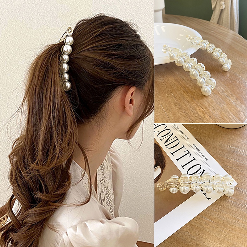 Kẹp tóc hình quả chuối đính ngọc trai nhân tạo để tạo kiểu tóc đuôi ngựa