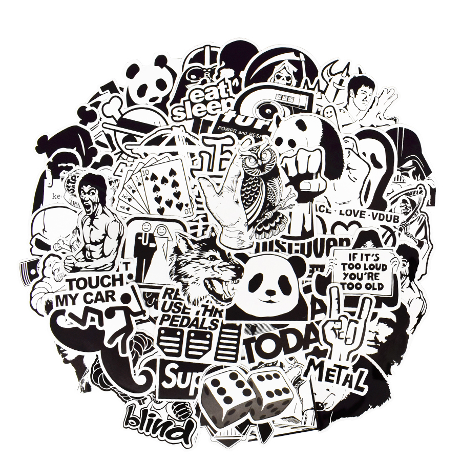 Bộ 50 sticker dán đa năng chống thấm nước họa tiết vẽ graffiti anime hai màu đen trắng vui nhộn