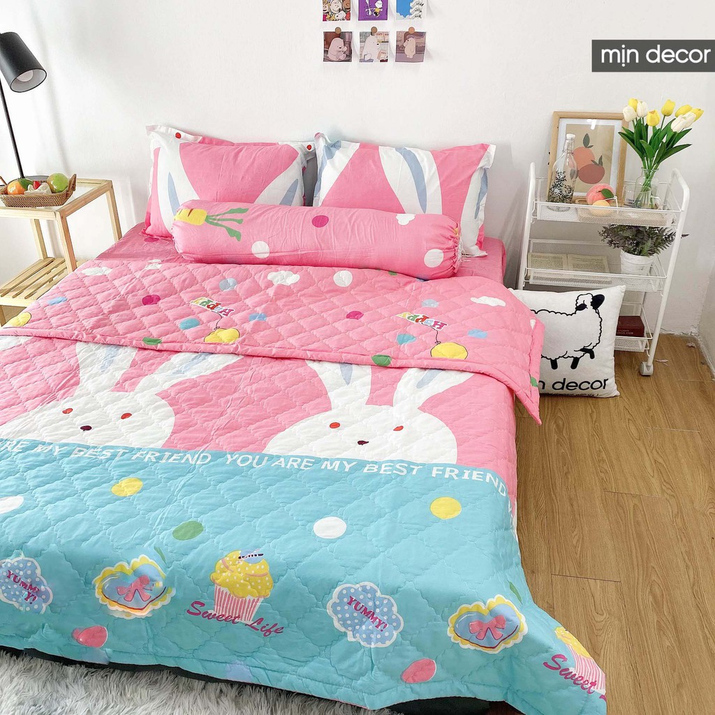 Bộ chăn ga gối cotton 3D MỊN DECOR kèm CHĂN TRẦN hè mềm mại thoáng mát | BigBuy360 - bigbuy360.vn