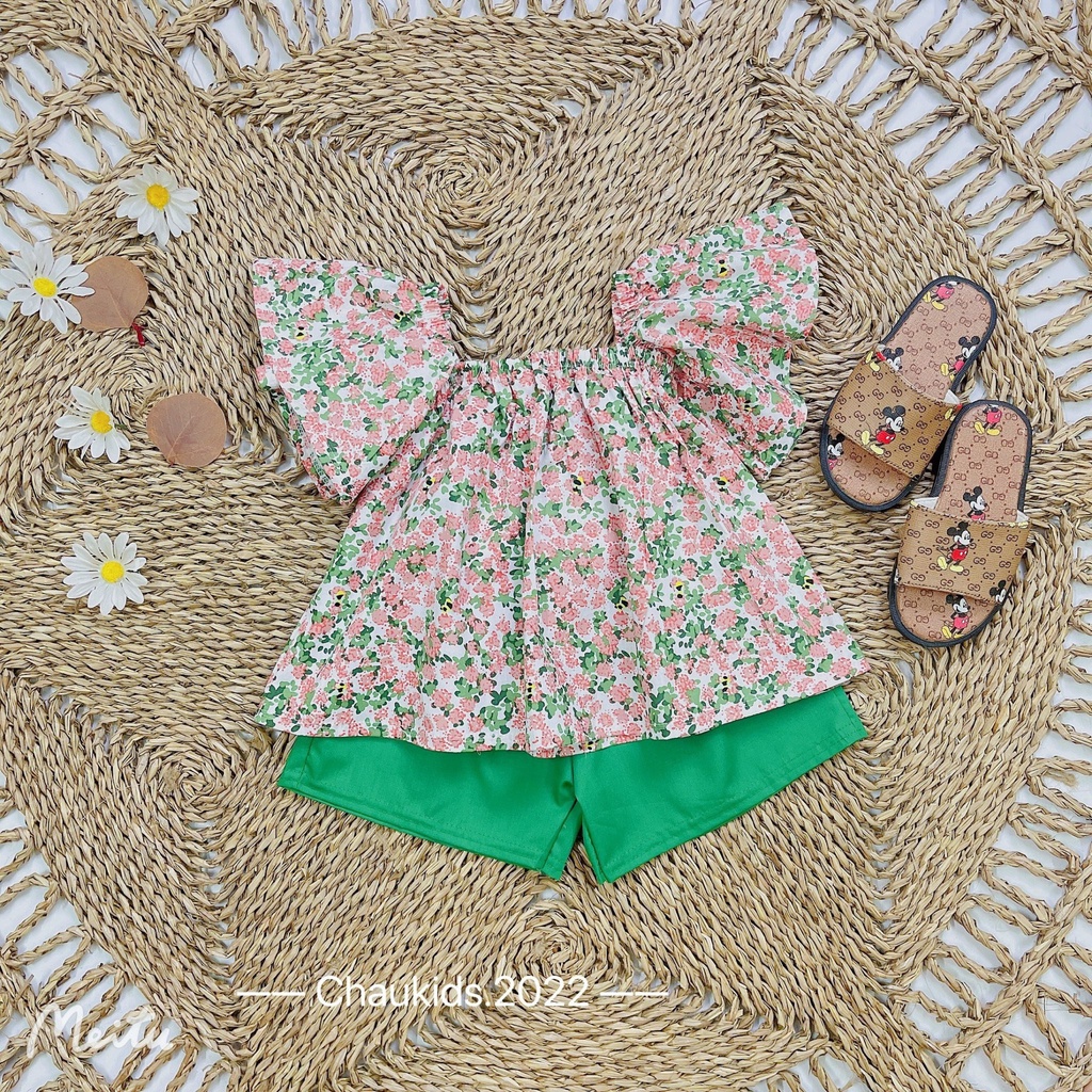 Bộ cộc tay bé gái, Set hoa nhí trễ vai phối quần xanh bé gái Bm_babyshop68