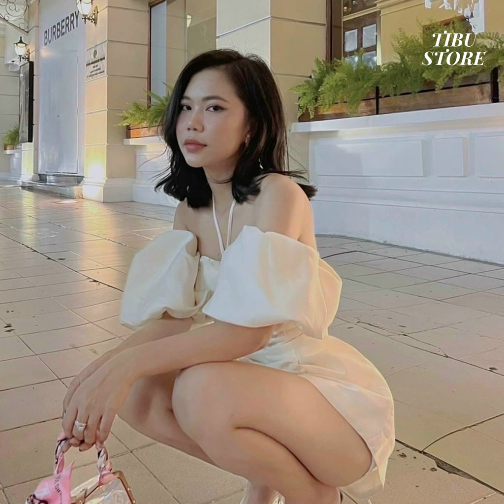 Set áo trễ vai tay phồng TIBU, Quần giả váy hở vai nữ đẹp cổ yếm dễ thương hai màu đen trắng mặc đi chơi, siêu hot trend