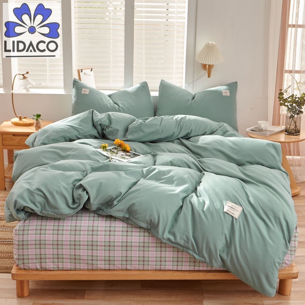 Bộ vỏ chăn ga gối cotton tici mix drap caro Lidaco cotton đũi trơn dày decor phòng ngủ vintage đủ mọi cỡ nệm