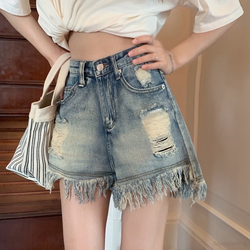 Quần Short Denim Mỏng Lưng Cao Dáng Ôm Kiểu Retro Hàn Quốc Cá Tính