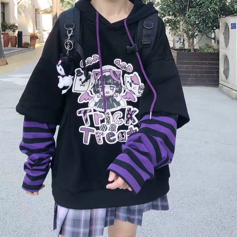 ÁO HOODLE TRICK OR TREAT TAY SỌC TÍM ĐEN SIÊU XINH - ORDER 10 NGÀY