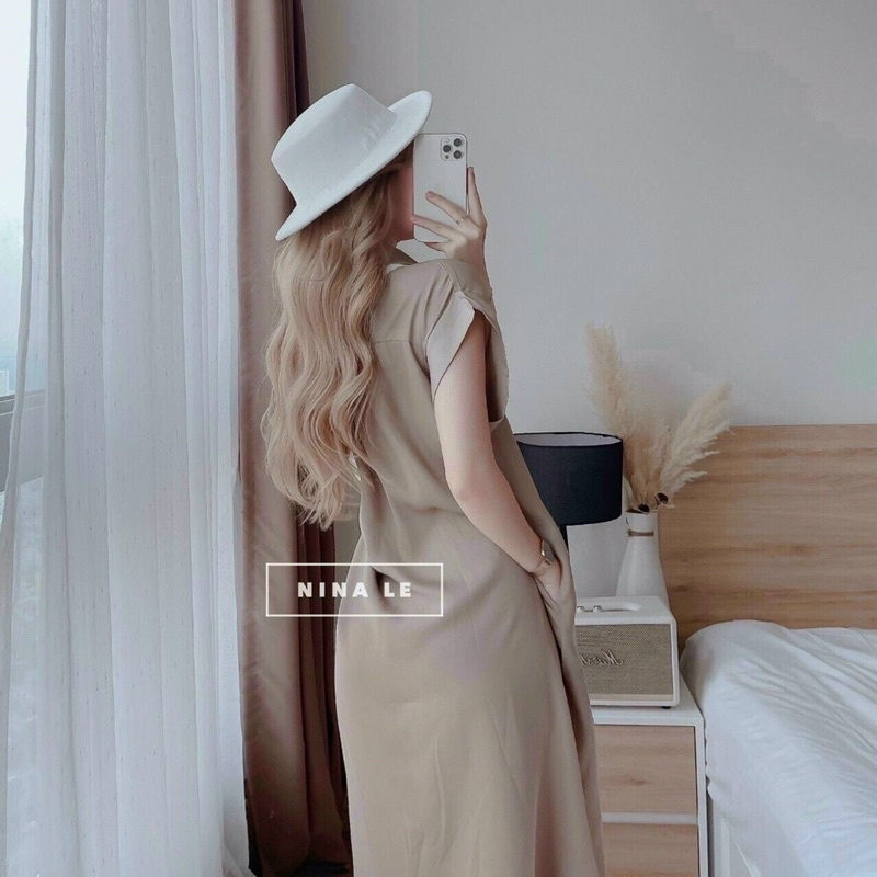 Đầm sơ mi cổ bẻ sát nách chất đũi loại 1