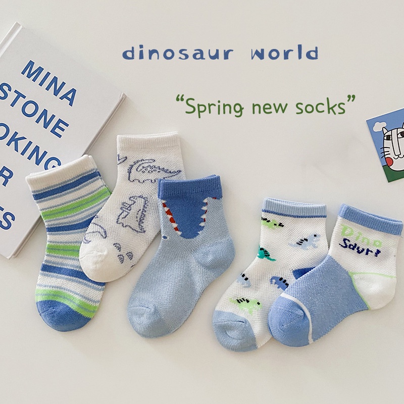 Set 5 đôi vớ KokoroCare MS-25 vải cotton họa tiết khủng long màu xanh dương thời trang xuân/hè 2022 cho bé trai 1-8 tuổi