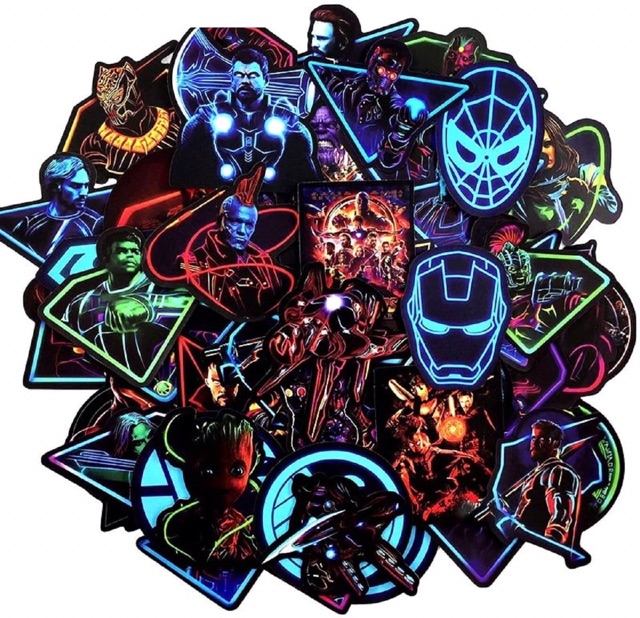 Sticker siêu anh hùng neon set 30-50 cái ép lụa / hình dán superhero siêu anh hùng