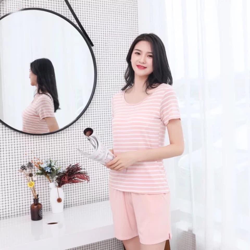 [DEAL HỦY DIỆT] Đồ Bộ Áo Cổ Tròn Sọc + Short, Vải Cotton Dày Mịn