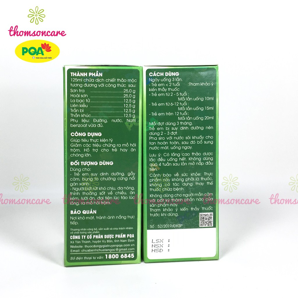 PQA Kiện Tỳ Tiêu Thực, giảm mồ hôi trộm cho trẻ, bé hết biếng ăn - Chai siro 125ml kiện tì từ thảo dược