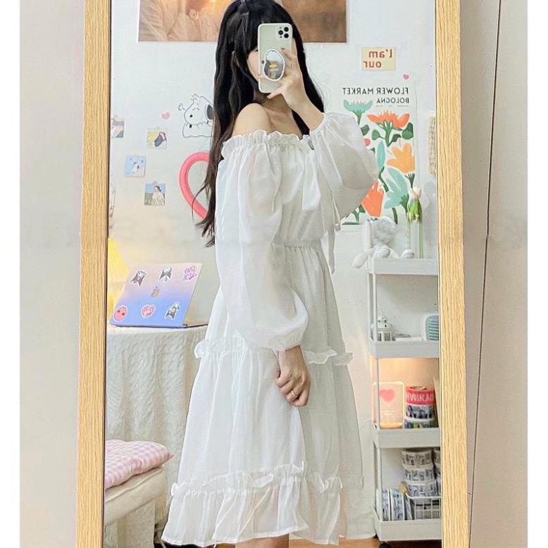 Kan Shop -  Váy Vintage Tiểu Thư Trễ Vai - Đầm Bánh Bèo Màu Trắng Xinh Xắn | BigBuy360 - bigbuy360.vn