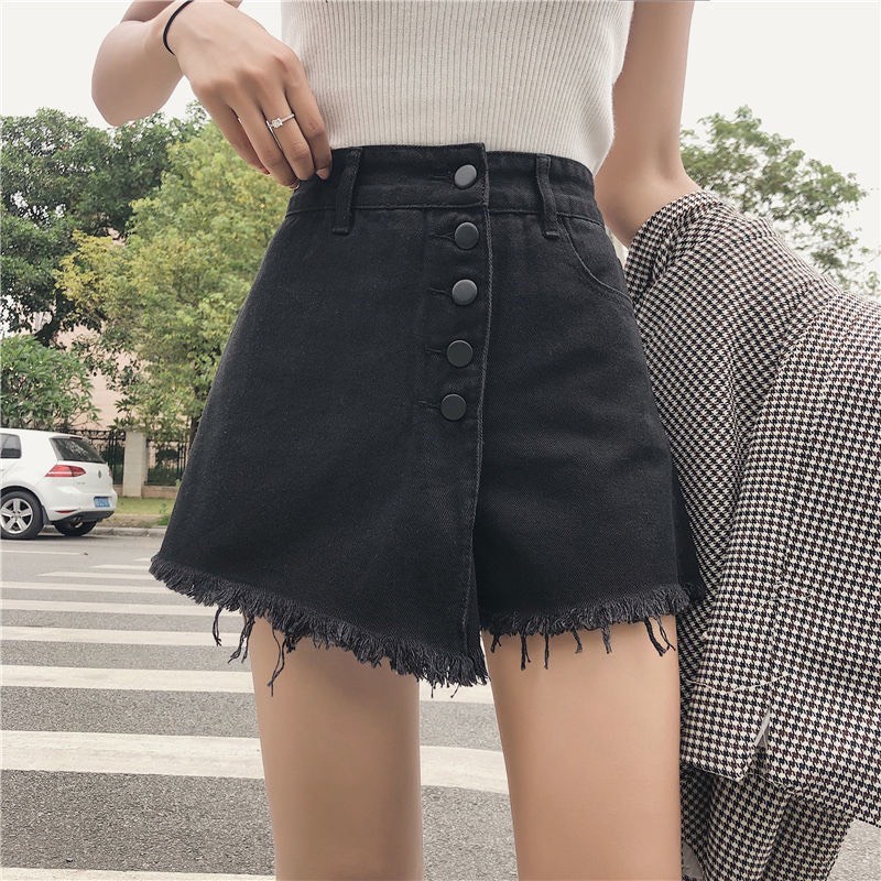 Quần short jean giả váy lệch vạt sooc đùi vải bò có khuy tua gấu JENNIE STORE S2