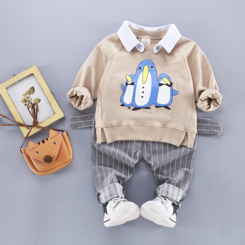 Set áo thun dài tay in hình kèm quần dài sọc dọc năng động cho bé trai