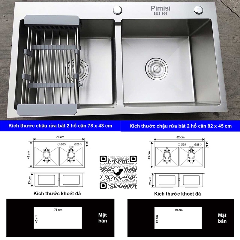 Chậu Rửa Bát Chén Inox 304 Pimisi Đúc 2 Ngăn Cân 78x43 - 82x45, Đủ Phụ Kiện Gắn Được Cả Âm - Dương Đá Bếp | Chính Hãng