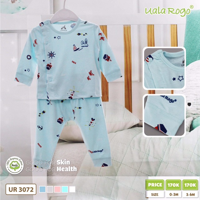 Bộ áo dài tay quần dài uala rogo chất petit cài vai sơ sinh mới cho bé trai bé gái